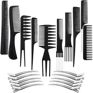 COSLUXE Professional Professional 10 Pcs Hair Stylists Pro Styling Comb Set, With 12 Pack Salon Hair Styling Steel Silver Section Clips Duck Bill Clips, Hair Combs Styling Comb set, Hair Styling Comb with Silver Metal Clip for Women Men