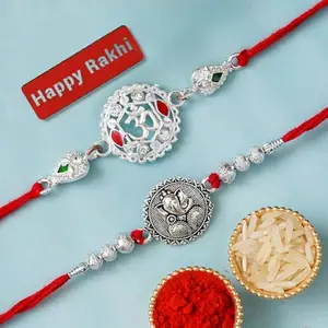 eCraftIndia Set of 2 Om Symbol and Lord Ganesha Rakhis for Brothers with Best Bro Ever Fridge Magnet and Roli Chawal Pack