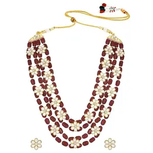 Peora Traditional Beads Kundan Studded Maroon Long Necklace with Earring Ethnic Jewellery Set Gift for Women