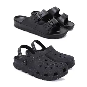 WINGSCRAFT Lightweight,Classic Slider || Sandals with Clogs for Men-Combo(2)-3115-3058-7 Black