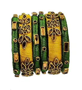 HABSA HABSA Hand Made Fancy Festival Silk Thread Fancy Festival Wear Kundan Stone Bangles Set of 6 Bangles Dark Green-Yellow (size-2/4)