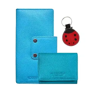 ABYS Genuine Leather Sky Blue Long Women Wallet||Unisex Card Holder with Keyring Combo Offer