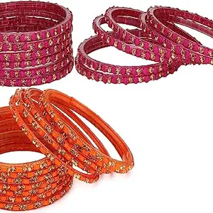 Somil Combo Of Designer Party & Wedding Colorful Glass Bangle/Kada Pcak Of 24, Pink,Orange