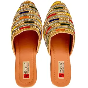 Satrangi Rajasthan Women's Mojari Jutti Ethnic Punjabi Juttis Traditional Flat Embroidered Canvas Fancy Bellies Comfortable Sole for Womens & Girls (Golden, UK Footwear Size System, Adult, Women, Numeric, Medium, 4)