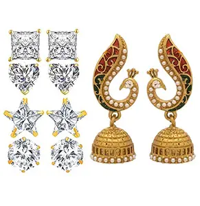 YouBella Jewellery Combo of 4 pair of Studs and 1 Peacock Jhumki Earrings for Girls and Women