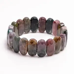 RRJEWELZ 10x18mm Natural Gemstone Bloodstone Oval shape Faceted cut beads 7.5 inch stretchable bracelet for men & women. | STBR_RR_03837