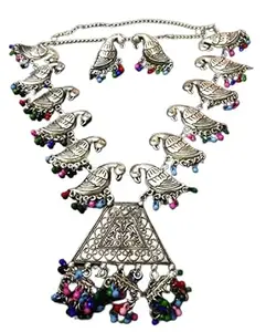 Salvus App SOLUTIONS Traditional Style Peacock Design Vintage Oxidized German Silver Tribal Necklace Antique Jewellery Set for Women- (Multicolor)