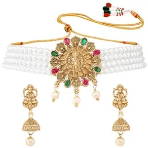 Peora Traditional Gold Plated Choker Necklace & Jhumki Earrings Temple Jewellery Set for Women & Girls