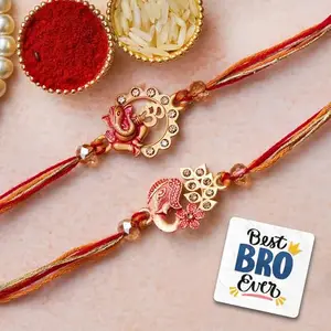 eCraftIndia Set of 2 Red & Golden Lord Ganesha, Om Symbol Rakhis, Best Bro Ever Fridge Magnet with Roli Chawal Pack - Rakhis for Brother, Bhabhi, Kids