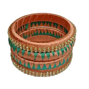 SHIRCREATIONS Handicrafts Ethnic Kundan Work Silk Thread Fabric ZigZag Pattern Bangle Kada For Women Girls 4 PC Set Wedding & Festive Occasion Handmade Peach And Green (2.4)