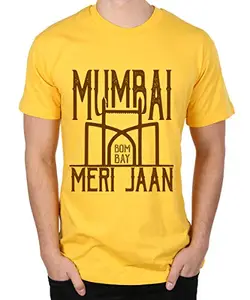 Caseria Men's Round Neck Cotton Half Sleeved T-Shirt with Printed Graphics - Mumbai Meri Jaan (Yellow, L)