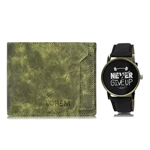 LOREM Combo of Black Wrist Watch & Green Color Artificial Leather Wallet (Wl16-Lr27-Fz)