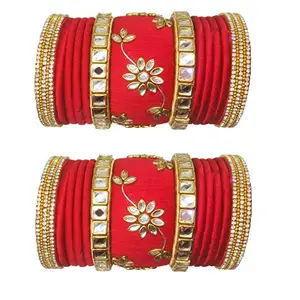 GOELX Silk Thread Red and Gold Bangles Set of 26 Bangles (2.4)