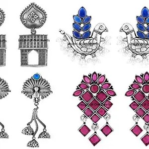 Om Jewells Multicolour Rhodium Oxidized Metal Jewellery Earrings Studded with Kundan Stones for Women -Combo of 4