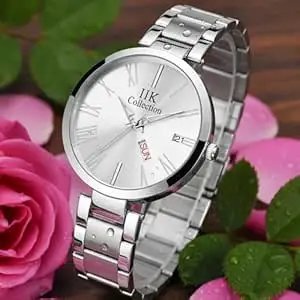 IIK COLLECTION Watches for Women Round Studded Dial |Day and Date Quartz Movemnet |Long Battery Life|Stainless Steel Bracelet Chain Strap|Double Lock Clasp Safety Watches for Girls