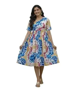 Women's Tie-Dye Print Midi Dress, Rayon, Half Sleeve, Fit and Flare Style KJ2