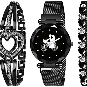 RUSTET Branded Analogue Black Cycle Dial Magnet Watch with Valentine Gift Bracelet for Women or Girls(Combo of 3) (Black3)
