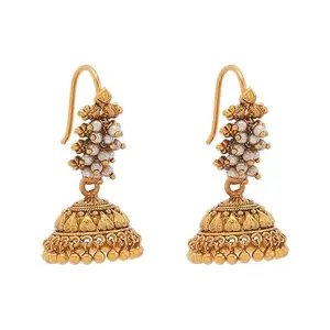 Kushal's Fashion Jewellery Pearl Oxidised Gold Plated Ethnic 92.5 Pure Silver Temple Earring - 410908