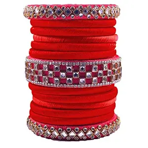 HABSA HABSA Hand Craft New Silk Thread Plastic Base Metal Kundan Bangles Set of 13 Bangles Red Color (size-2/6)