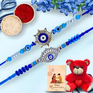 DIKANG Premium Evil Eye Rakhi Set for Brother and Bhabhi with Mini Teddy Bear Soft Toy | Matching Rakhi Set for Bhai with Roli Chawal Tilak Set