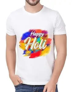 Happy Holi Festival Graphic T-Shirt, White Cotton, Colourful Splash Design, Women's Casual Wear for Girl Women (in, Alpha, M, Regular, White)