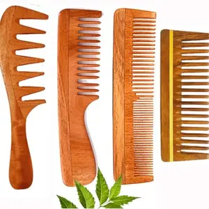 Rufiys Wooden Comb For Women Men & Kids Curly Hair Detangler Wide Tooth Neem Wood Anti Dandruff Hair Growth Frizz Control (Combo Pack of 4)
