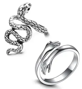 Stylewell (Set Of 2 Pcs) CMB7884 Silver Combo Of Hand Hug Me And Mahakaal Shiva Animal Vintage Reptile Serpent Gothic Cobra Snake/Sarp Thumb Finger Ring
