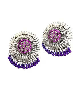 Just In Jewellery Oxidized Silver Round Color Stone Beads Suds Earrings For Girls/Women (Purple)