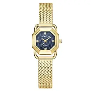 Giordano Analog Quartz Watch for Women with Octagonal Textured Dial, Crystal Hours Markers, Blue Crown and Mesh Metal Strap