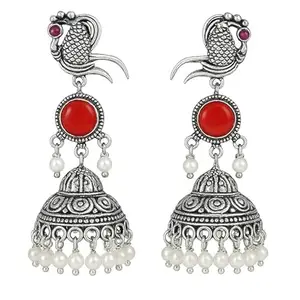 New Traditional Silver-Plated Brass Jhumka Earrings, Peacock Design with Red Cabochon Stone, Pearl Beads, Ethnic Indian Wedding Jewellery