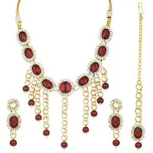 Peora Traditional Maroon Crystal Kundan Pearl Drop Bridal Dulhan Necklace Earring Set with Maang Tikka for Women