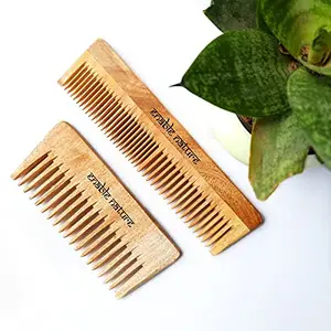 Enable Nature Organic Neem Wood Comb | Anti-Dandruff Wooden Comb | Promotes Hair-Growth | Neem Wood Comb for Women & Men | Detangle & Styling Wooden Comb Set of 2, Brown