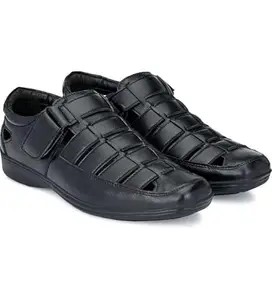 Men's Casual Faux Leather Solid Hook and Loop Sandal (Black, 9)-PID56731