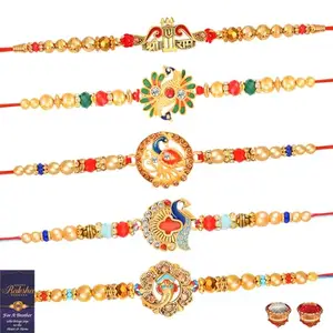 De Marquis 5 Designer Rakhi Gift Set for Brother, Mauli Thread, Chawal Roli Pack, Greeting Card Set (5 Multicolor RAKHI set in different design with Roli and chawal)