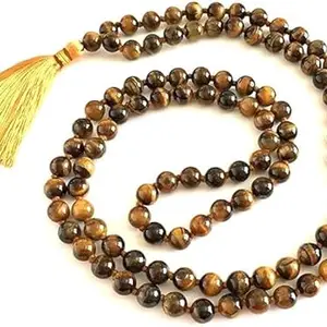Tigers Eye Knotted Meditation Prayer Necklace 8 mm, Gemstone 108+1 Beads, Protection Necklace, Buddhist. Silk Thread Tassel Jaap Mala Necklace For Unisex