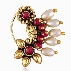 VFJ VIGHNAHARTA FASHION JEWELLERY Vighnaharta Gold Plated Green stone Pearls (Moti) Maharashtrian Cultural Nath Nathiya./ Nose Pin for women[VFJ1297NTH-PRESS-RED]