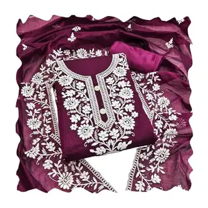 SANGANEE FASHION HMP Fashion womens chanderi cotton embroidery work unstitch salwar suit with dupatta (WINE)