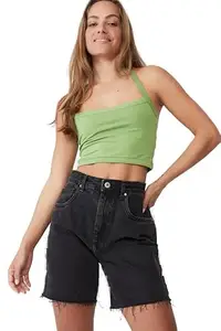 SIGHTBOMB Ribbed Square Halter Neck Tops for Women (Small-Medium, Mint Green)