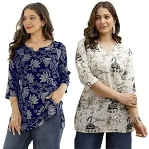 MS VHCK ENTERPRISE Women's Cotton Printed Short Kurti, Round Neck, Three Quarter Sleeve, Straight Fit, Pack of 2