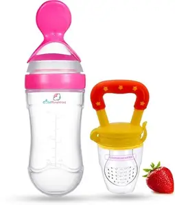 KINDAR CARE Baby's Silicon Food Container & Nipple Food Grade Plastic Caps Feeding Bottle | Pink & Yellow | Pack of 1 | 90 Ml