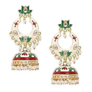 fabula Jewellery White Meenakari Chandbali Jhumka Earrings - Kundan & Beads in Floral Design For Women & Girls Stylish Latest (W-EHC38_AFR1)