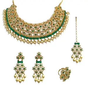 ACCESSHER Gold Tone Choker - Pearls, Studded Stone Detailing, With Manngtikka & Earrings with a Pair of Comfortable Earring Supporters & maangtikka Supporters | For Women & Girls (Necklace Set Only)