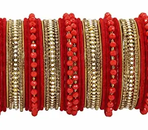 NMII Metal With Zircon Gemstone and Pearls Studded Velvet Bangles For Women and Girls, (F170-Red-2.6 Inches), Pack Of 62 Bangles Set