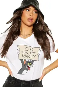 Epiko Oversized Fit Graphic Party Tom Cartoon Printed Womens Tshirt | Funny Tom Jerry Cartoon Tshirt for Women/Kids/Girls