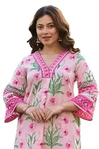 Arayna Women’s 100% Pure Cotton Printed Kurta Pant Set | Floral Ethnic Co-Ord Set for Women | Straight Kurta with Printed Pants