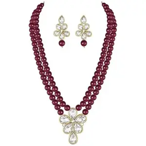 Crystal Flower Necklace and Earrings Set, Maroon Pearl Beads, Double-Strand Design, Gold-Toned