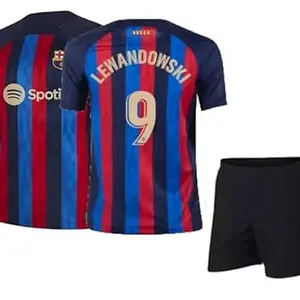 Lewandowski 9 Football Club Team Official Half Sleeve Jersey with Black Shorts 2023/2024 for Men and Boys(13-14Years)