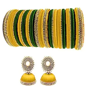 thread trends Base Metal with Pearl Traditional Bangle Set for Women (Yellow And Green)