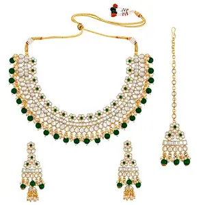 Peora Gold Plated Bridal Kundan Green Faux Pearl Choker Necklace with Earrings Maang Tikka for Women Indian Traditional Jewellery set