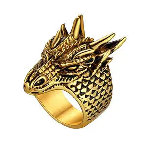 U7 18K Gold Plated Chunky Thumb Ring, Retro Spiritual Animal Jewelry Masculine Dragon Head Signet Rings for Men, Size 14